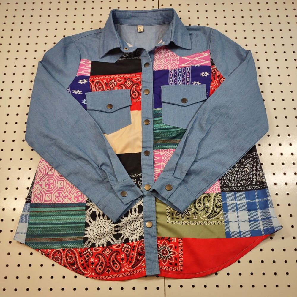 Urisme Patchwork Snap Button Blouse, Size Medium - image 1